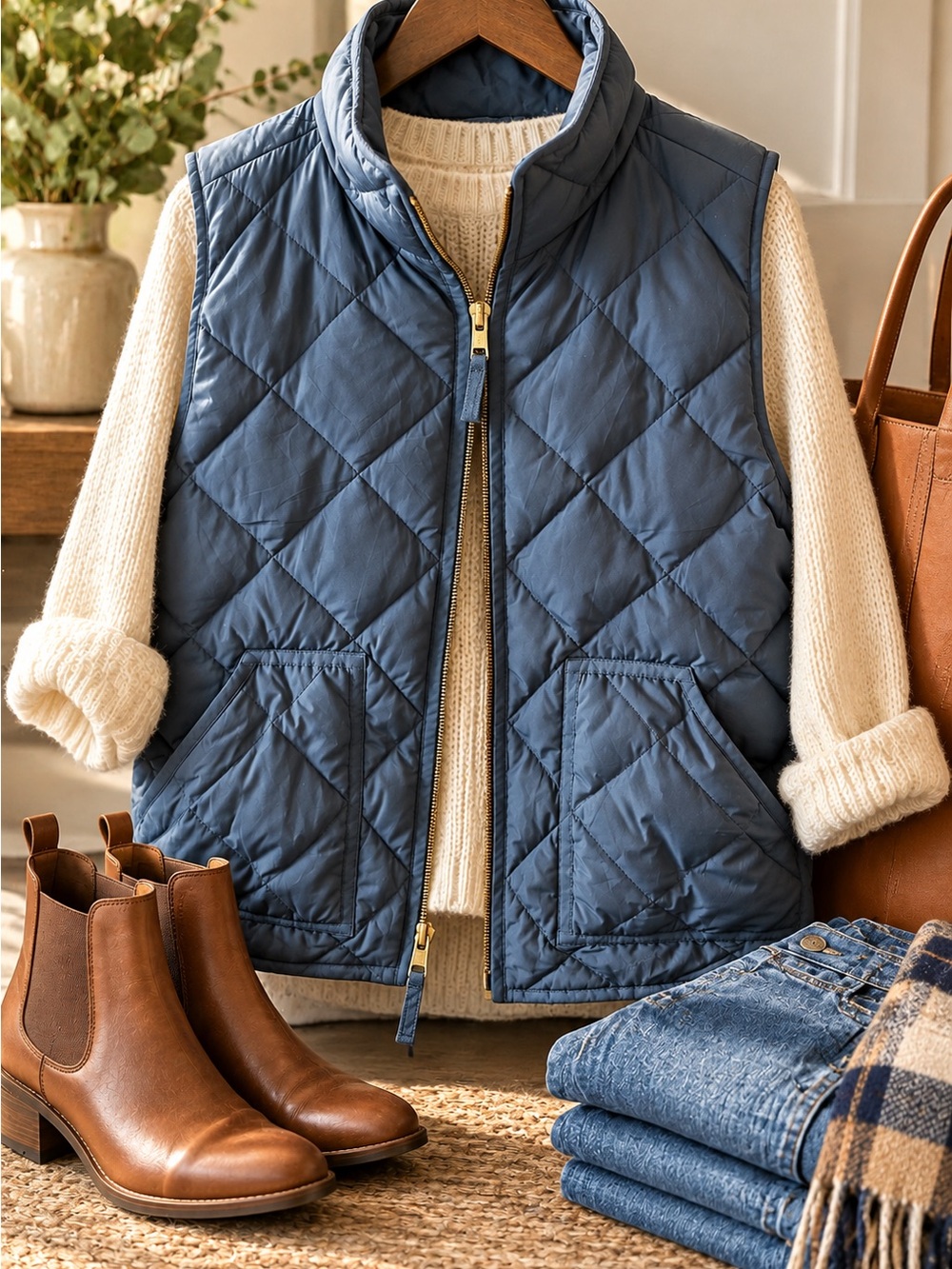 J. Crew Quilted Blue Down Puffer Vest with Stand Collar